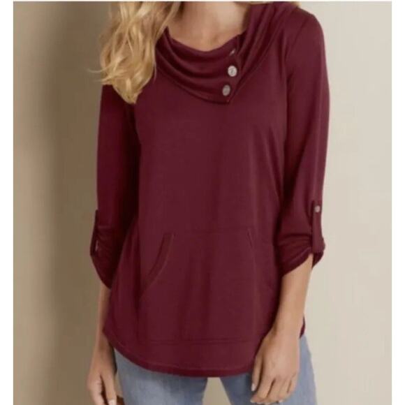 Soft Surroundings Kassidy Pullover M Cowl Neck Buttons Tunic Roll Tab Sleeve - Picture 10 of 10